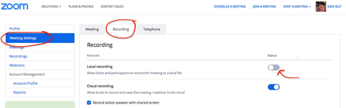 screenshot of Zoom Local Recording options in the Meeting Settings